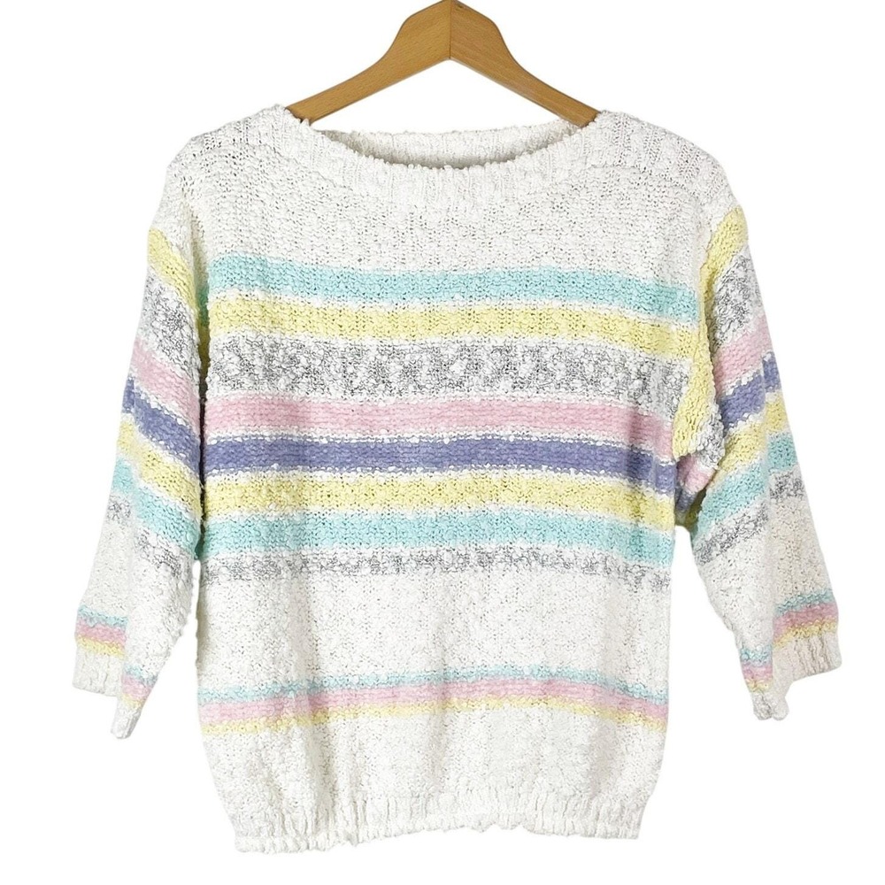 Vintage Women's White Pastel Stripe Cropped Sweater 3/4 Sleeves Size M 80s 90s
